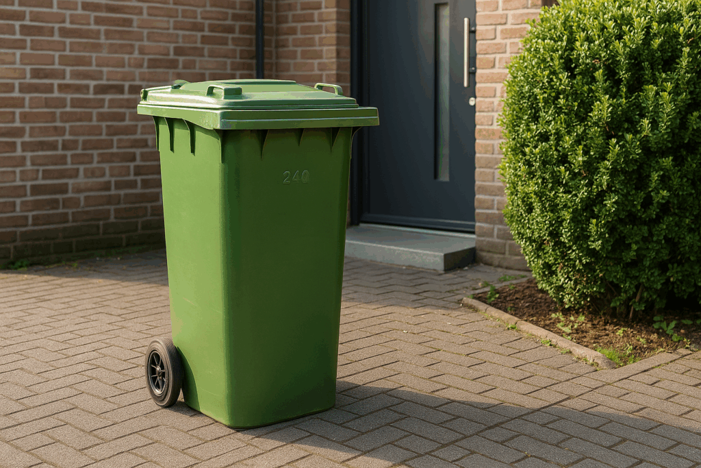 Grüne 240-Liter-Mülltonne auf gepflasterter Einfahrt vor einem Wohnhaus bei Tageslicht